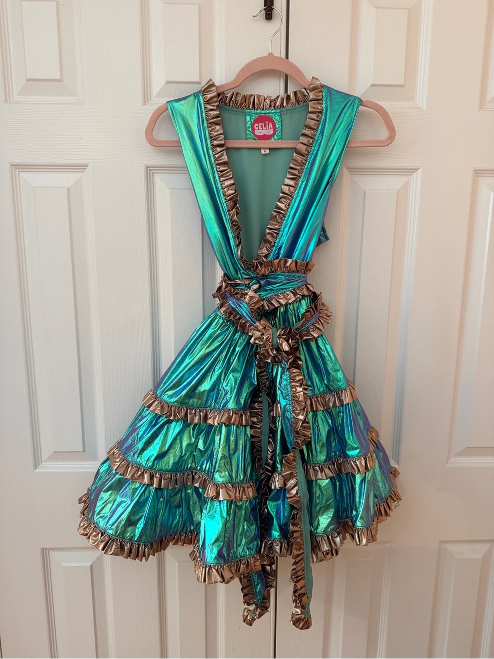 CeliaB Iridescent Teal and Metallic Bronze Ruffle Dance Dress
